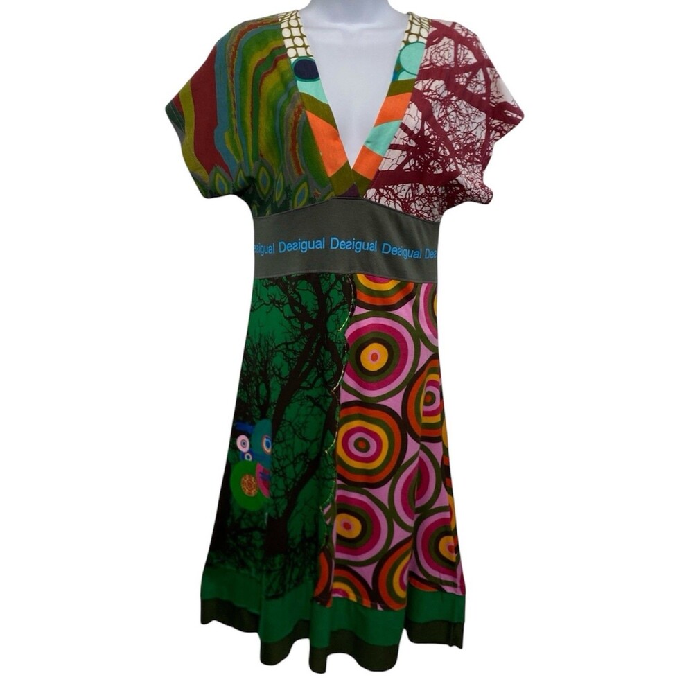 DESIGUAL Dress Womens 38/US Small Short Sleeve V-Neck A-Line Midi Contrast Print